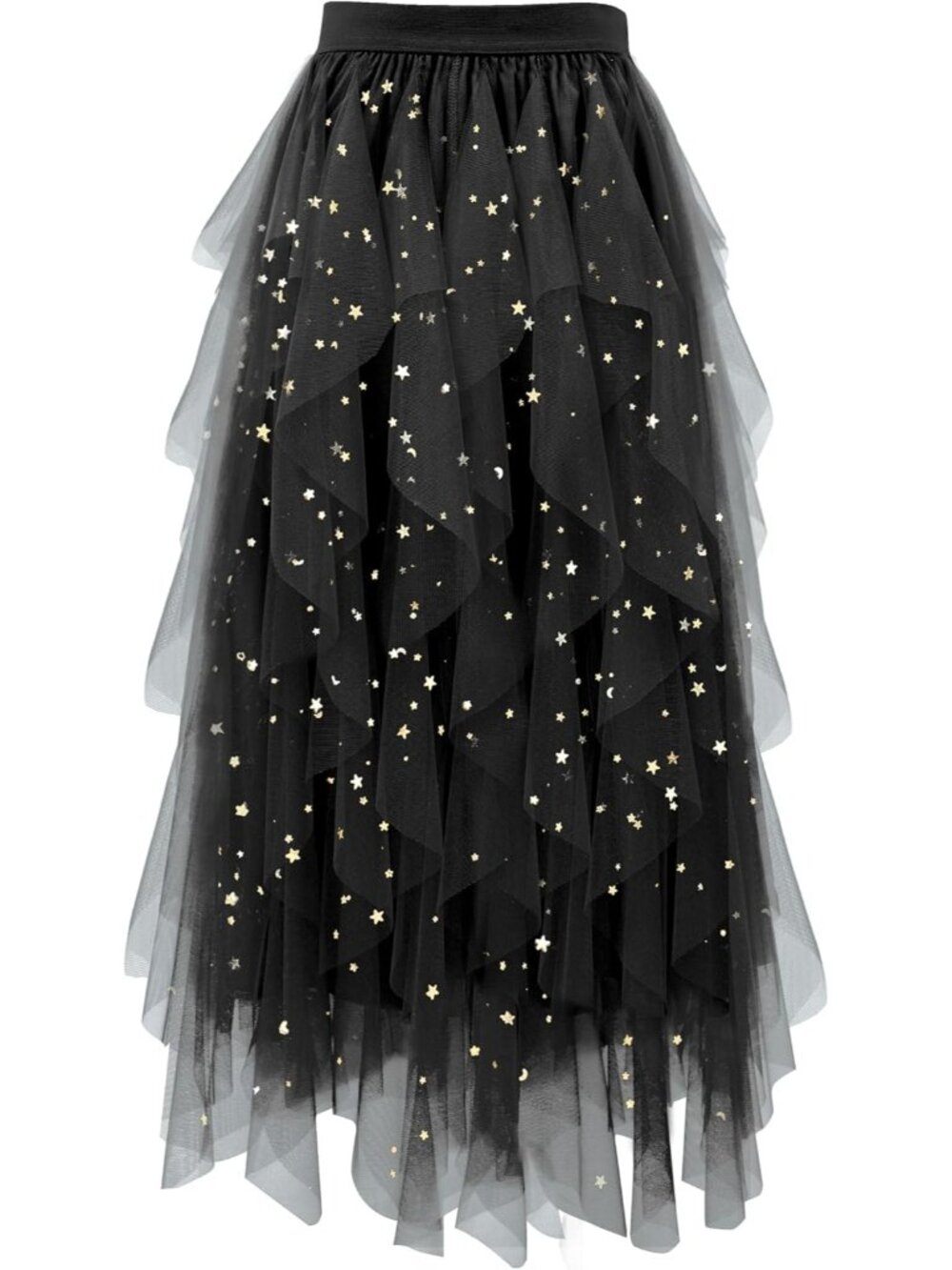 Women's Sequin Black High Waist Layered Tulle Mesh Ruffle Asymmetric Midi Skirt
